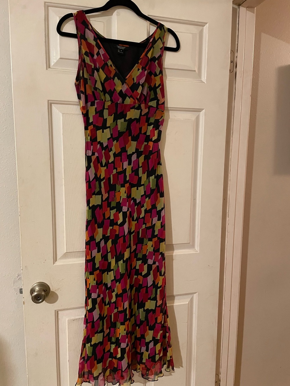Vintage Karen Kane 100 Silk Abstract Mosaic Empire Waist Slip Maxi Dress Small